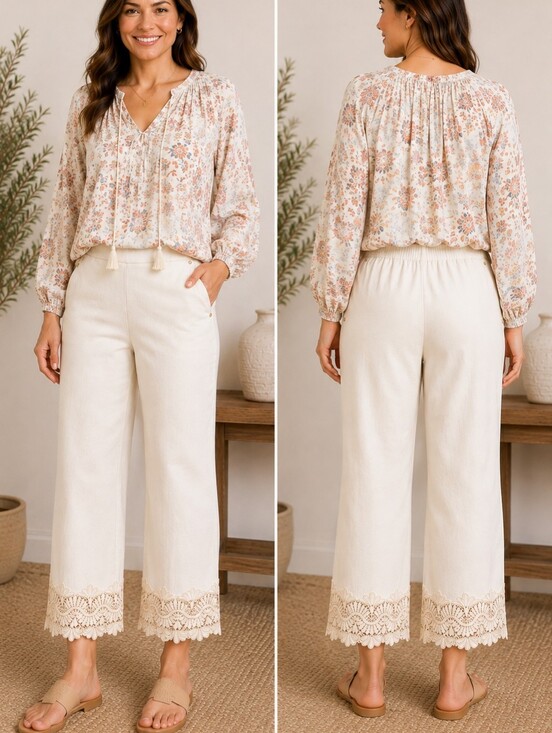 Anne Klein Pants - Anne Klein Cream Linen Blend Straight Leg Ankle Pants Lace Hem Size M A-244